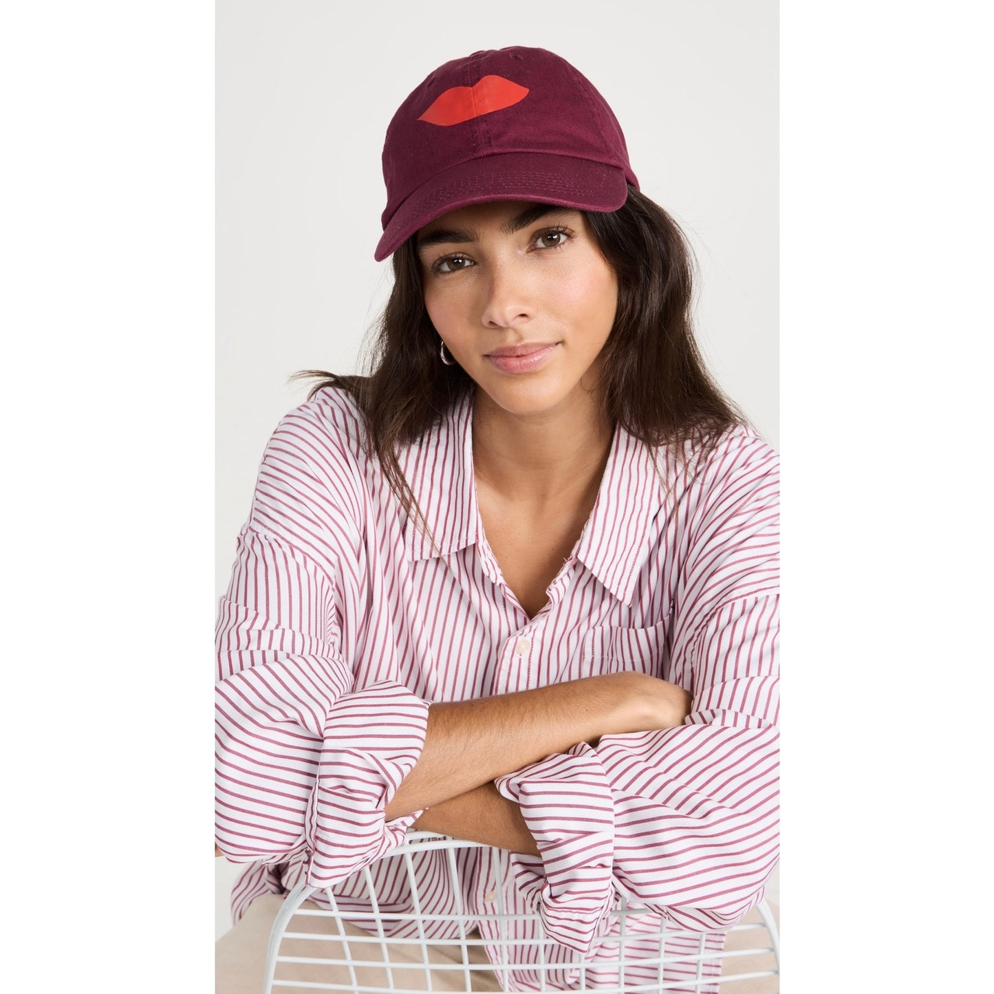 Clare V Baseball Hat Oxblood with bright Poppy Print Lips