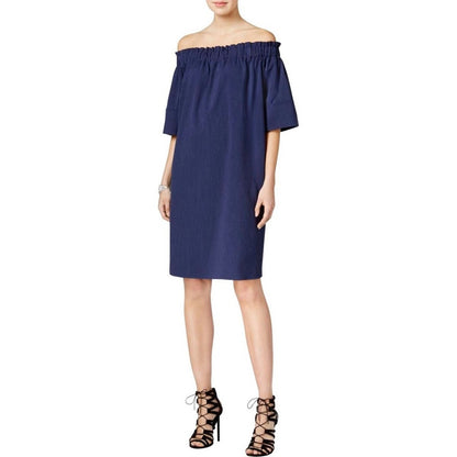 Rachel Roy Smocked Off-The-Shoulder Dress Navy White