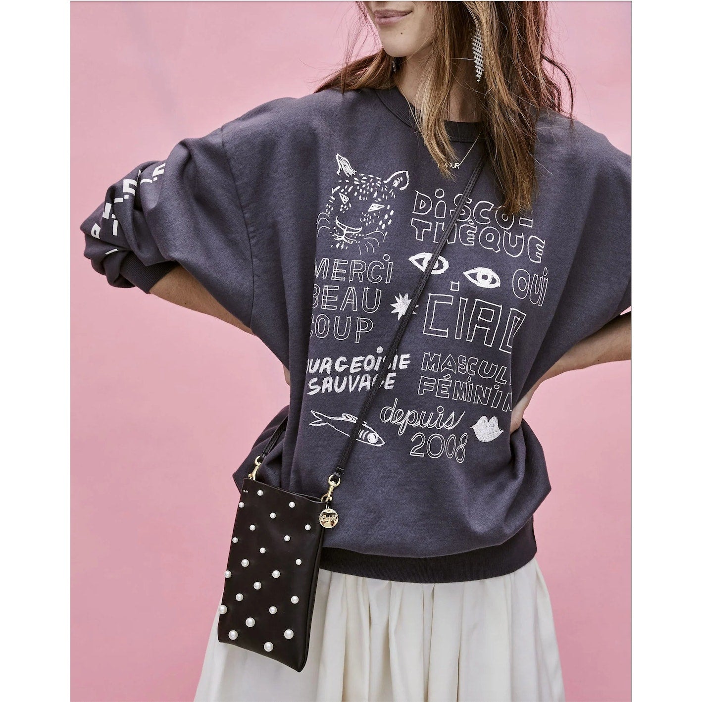 Clare V Oversize Sweatshirt In Charcoal W/ Cream Icon Print