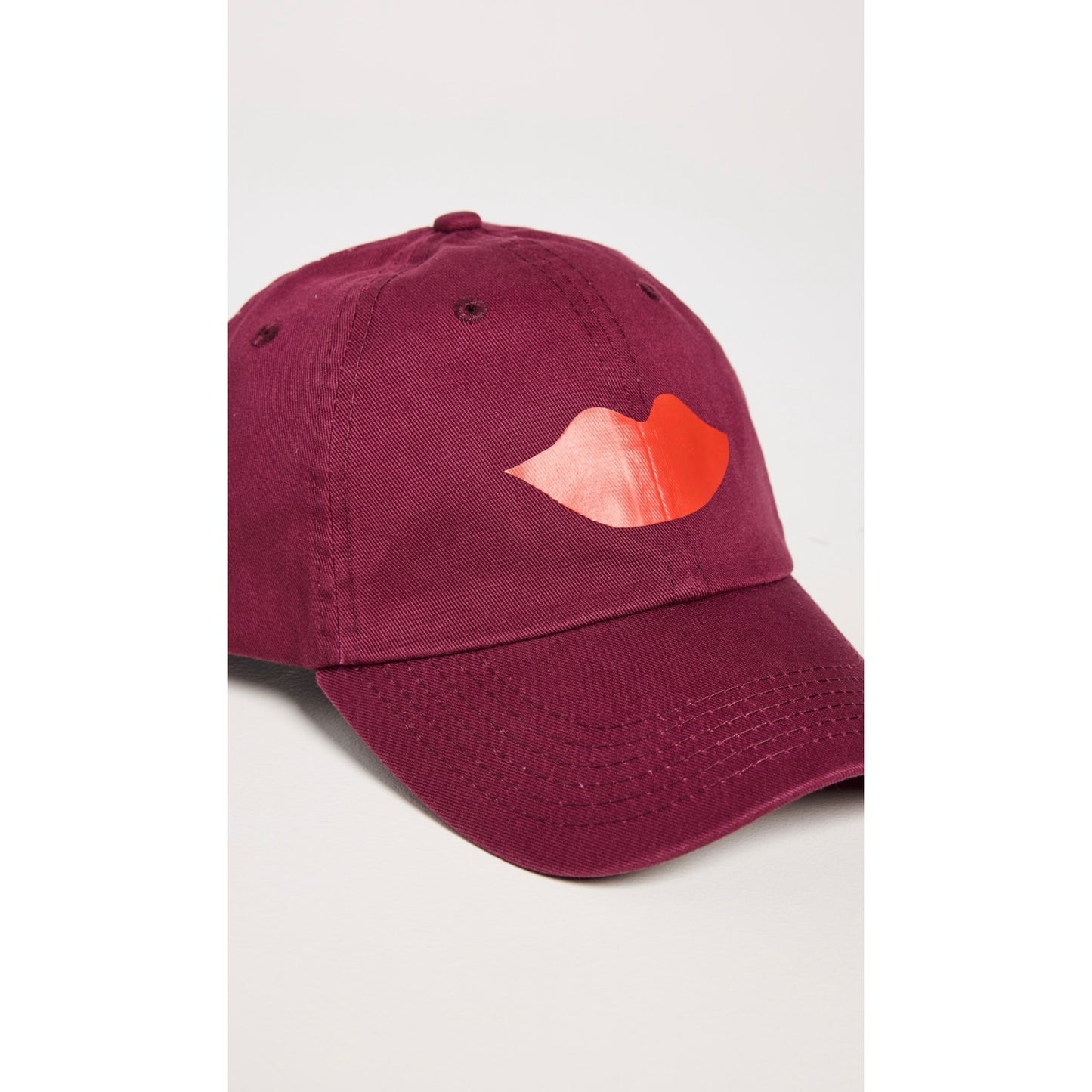 Clare V Baseball Hat Oxblood with bright Poppy Print Lips