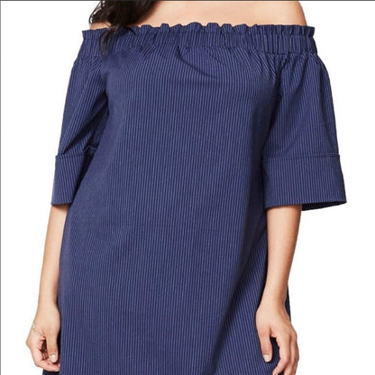 Rachel Roy Smocked Off-The-Shoulder Dress Navy White