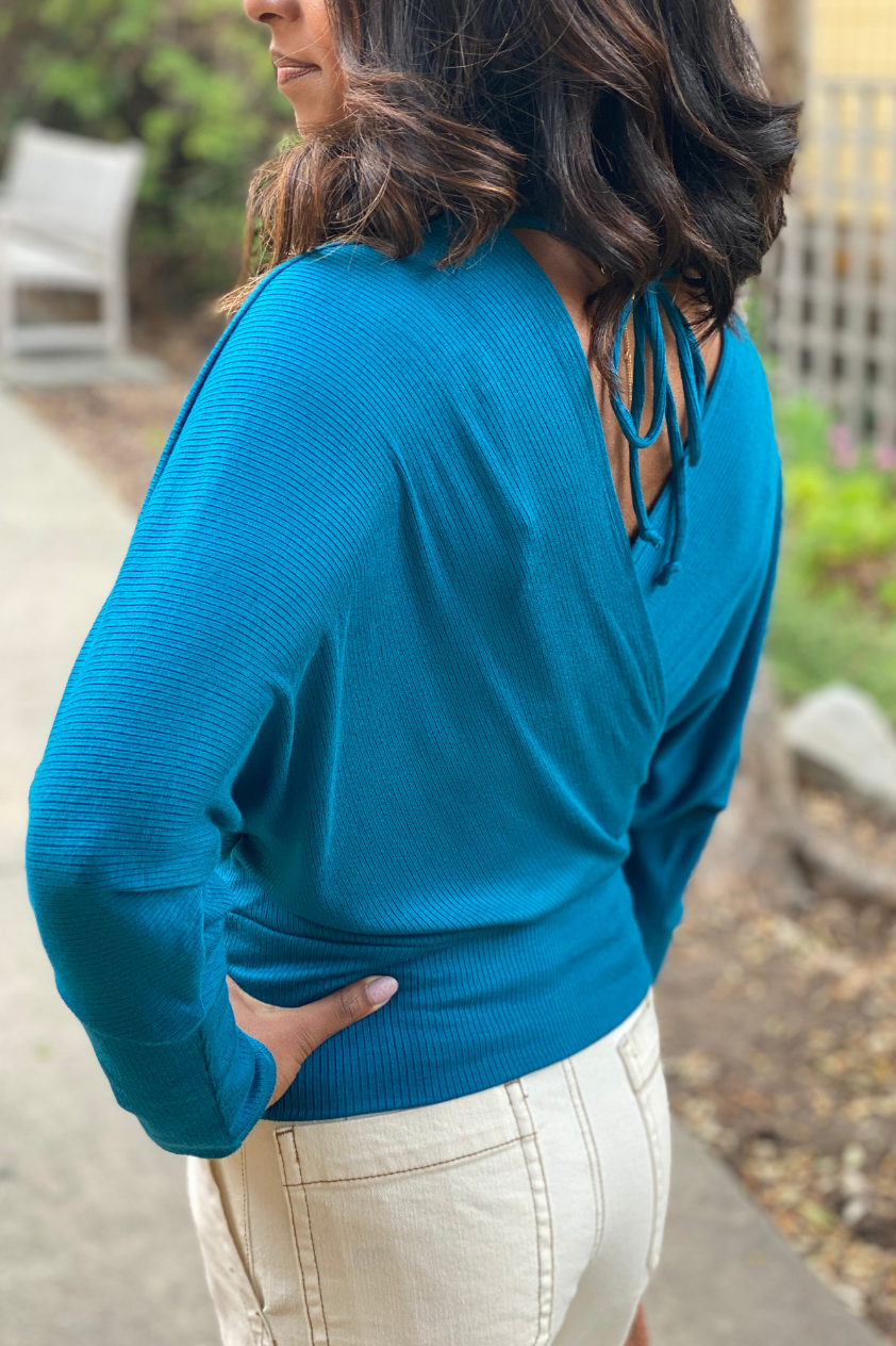 Annie Blue Dolman Long Sleeves Wrap Knit Top with TENCEL™ Modal fibers