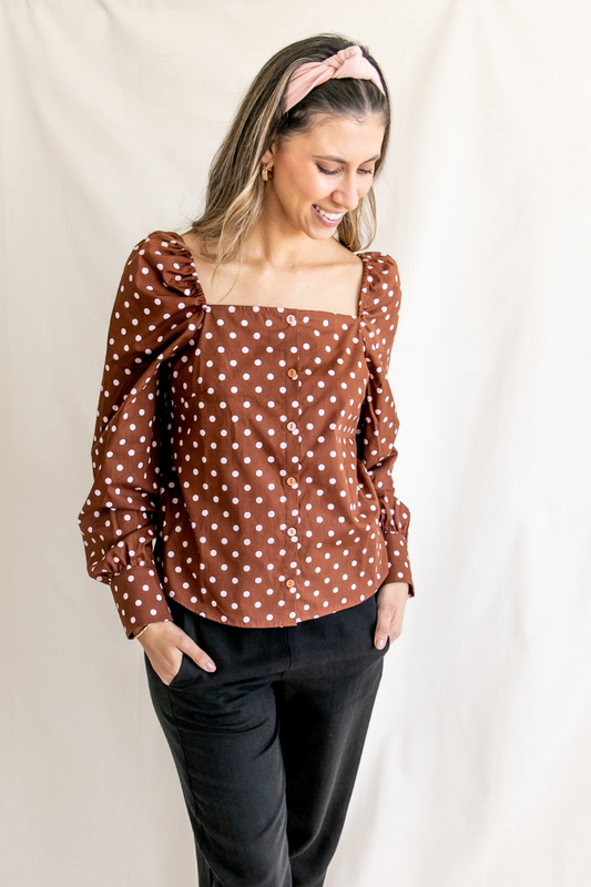 Maria Cotton Polka Dots Square Neck Puff Sleeve Shirt