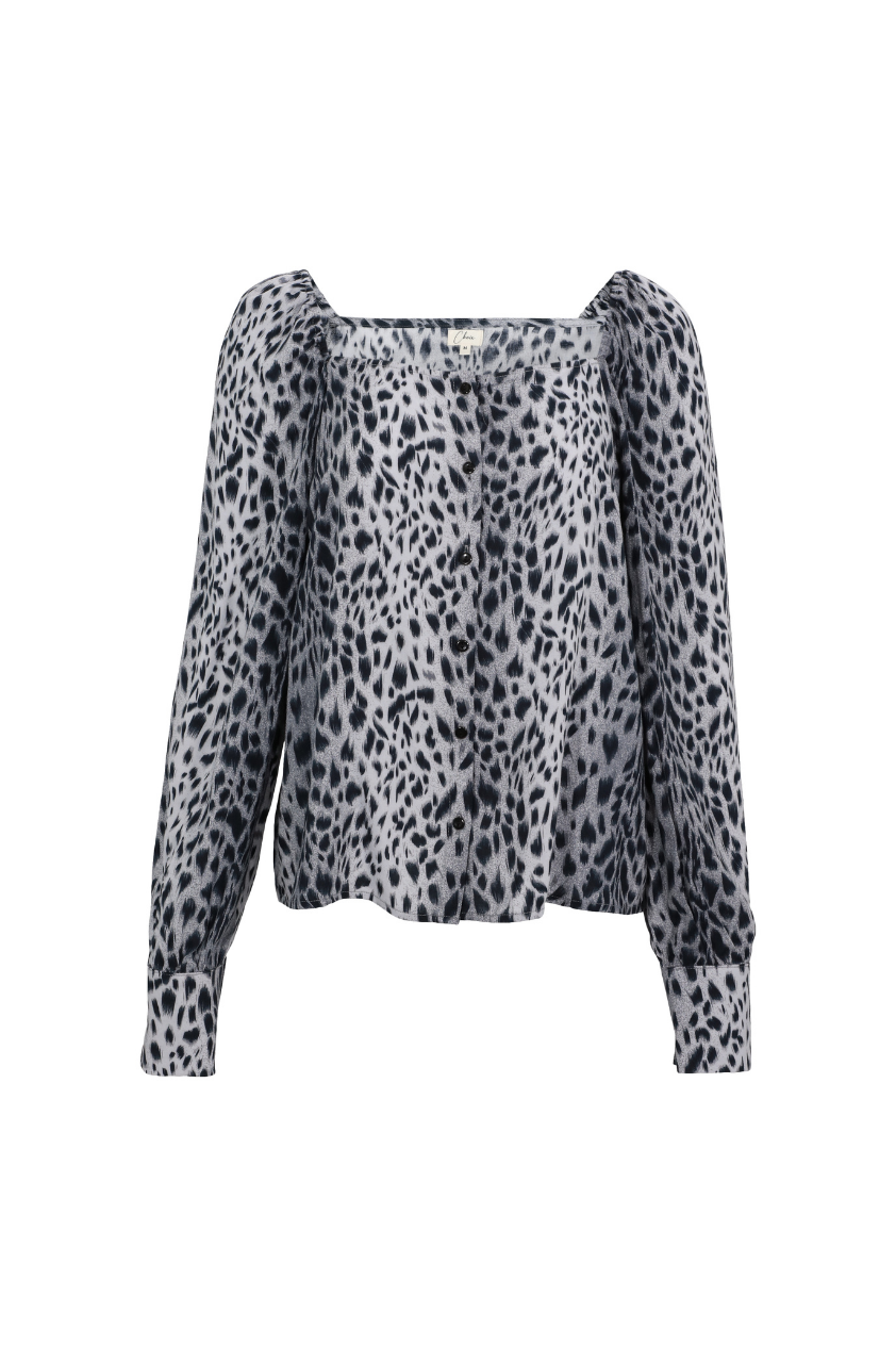 Maria Animal Print Grey Black Square Neck Puff Sleeve Shirt