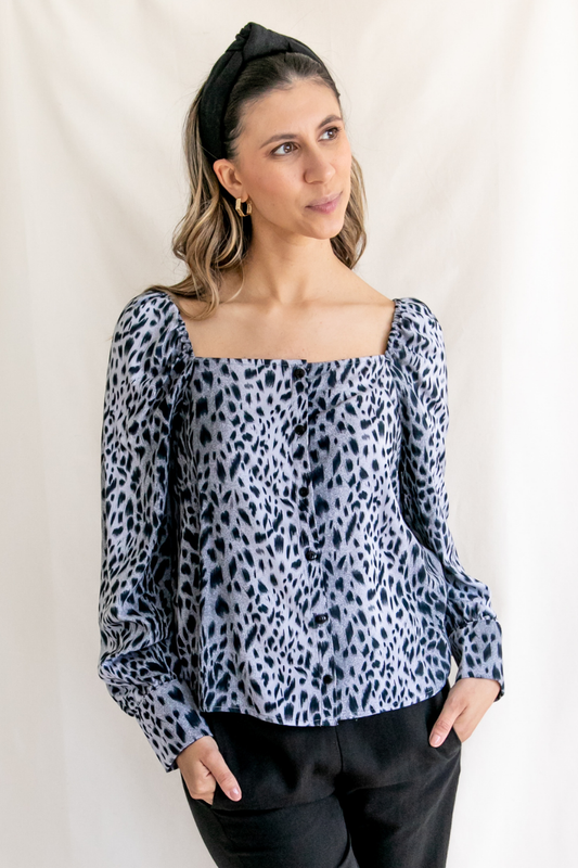 Maria Animal Print Grey Black Square Neck Puff Sleeve Shirt