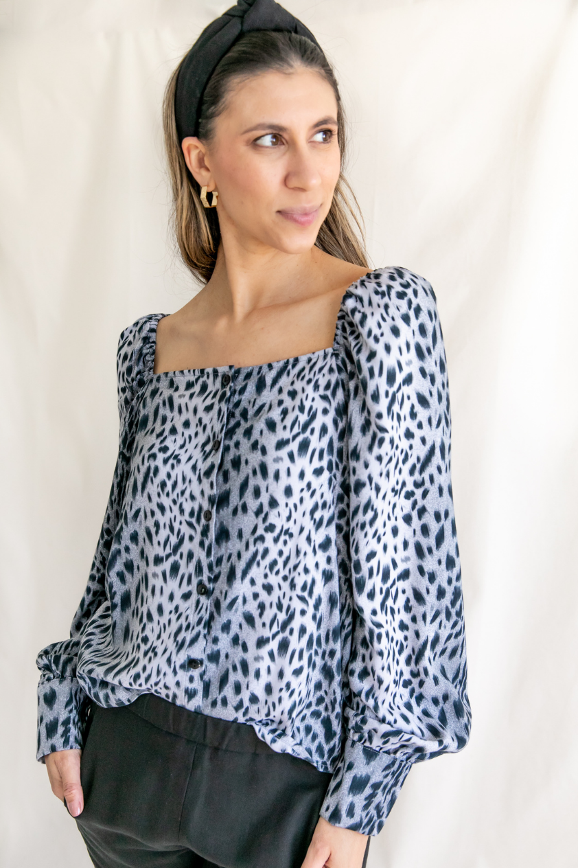 Maria Animal Print Grey Black Square Neck Puff Sleeve Shirt