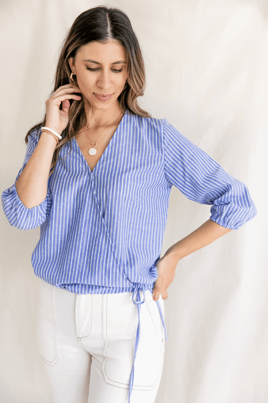 Choix White Blue Stripes Cotton Wrap Blouse Nursing Friendly